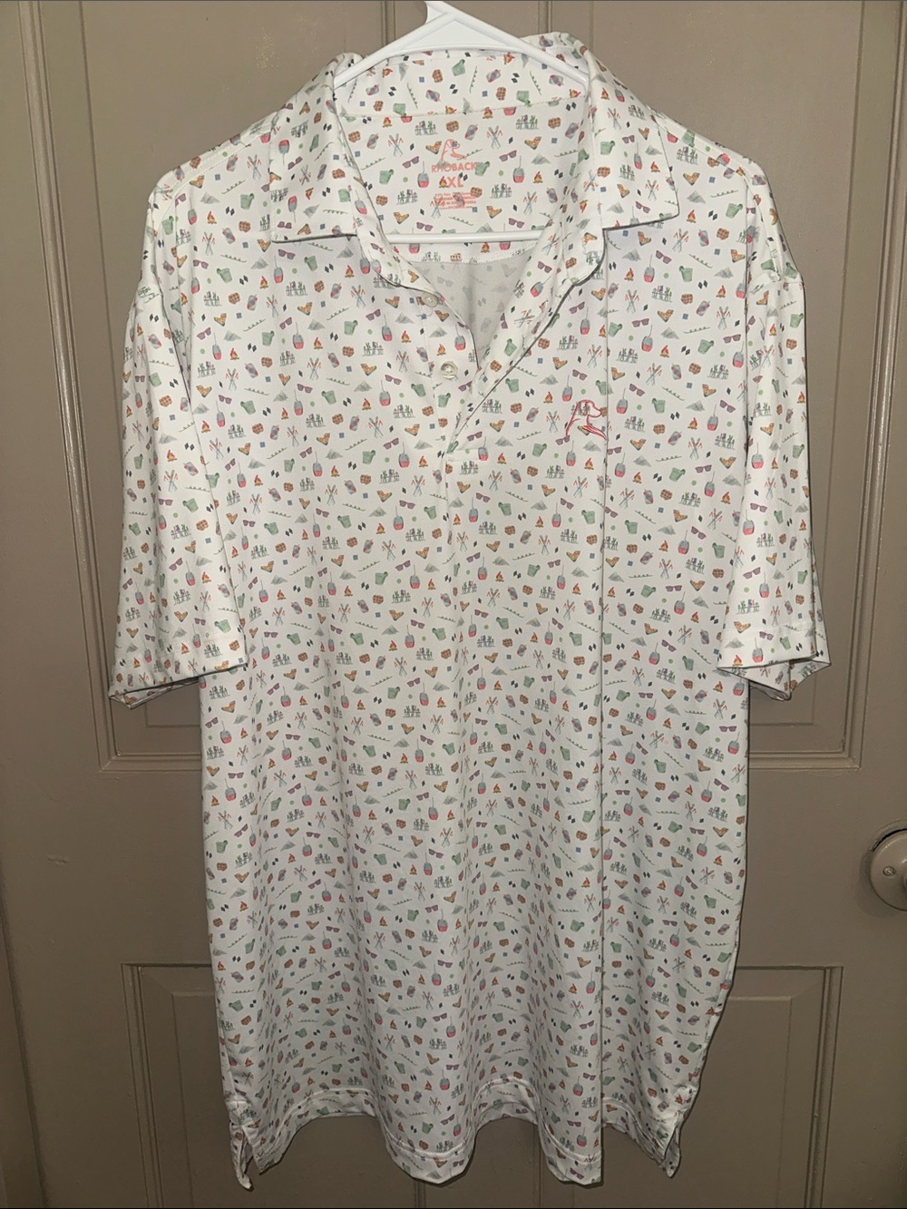Rhoback Men’s XL Performance Polo Golf Shirt White Apres Ski Print